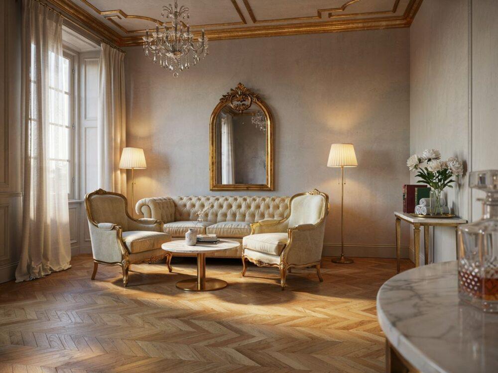 elegancki salon ze złotymi akcentami