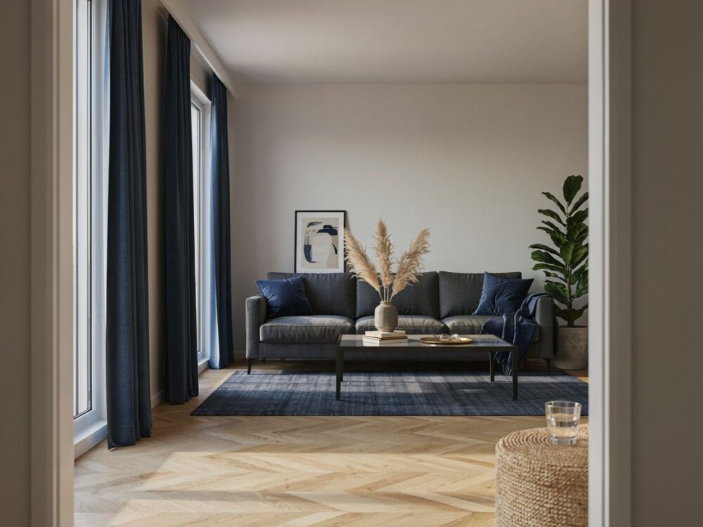 stylowy salon z granatowymi akcentami